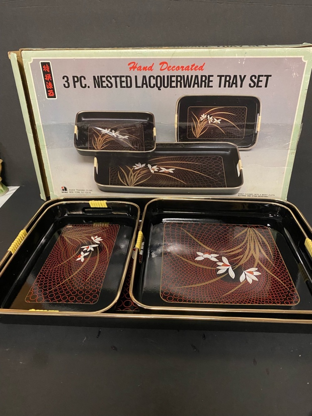 Vintage Hand Decorated 3 Piece Lacquer Ware Serving Set. NIB